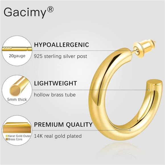 Chunky Gold Hoop Earrings for Women 14K Real Gold Plated, 925 Sterling Silver - Picture 3 of 7